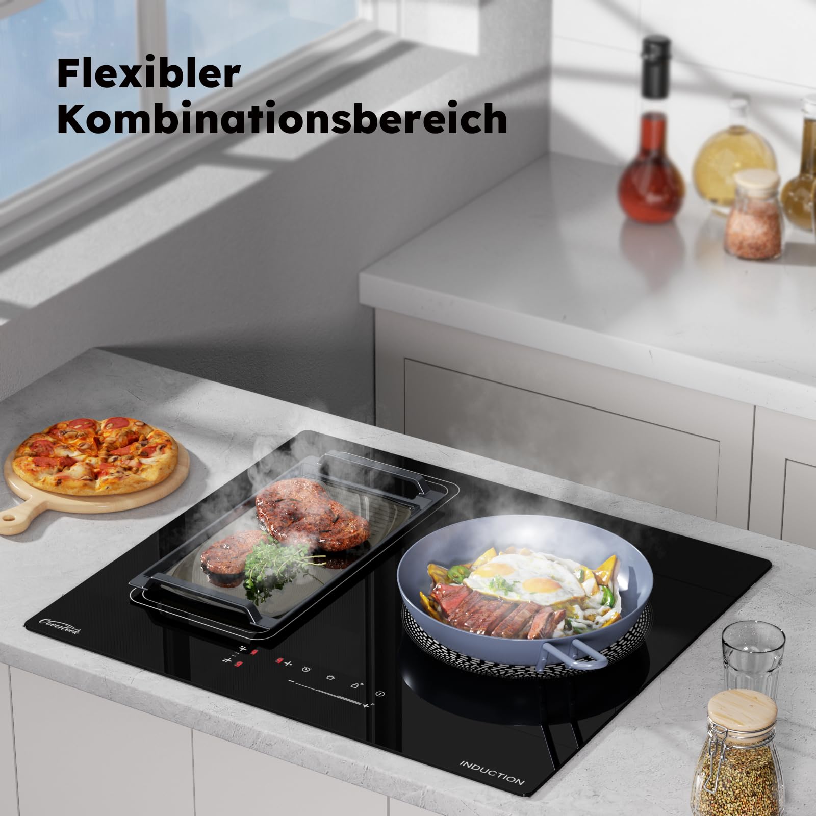 Placa de inducción 60 cm 3 luces función boost cocina eléctrica placa de control táctil potencia ajustable con seguridad cerradura y temporizador electrónico cocina moderna calefacción rápida