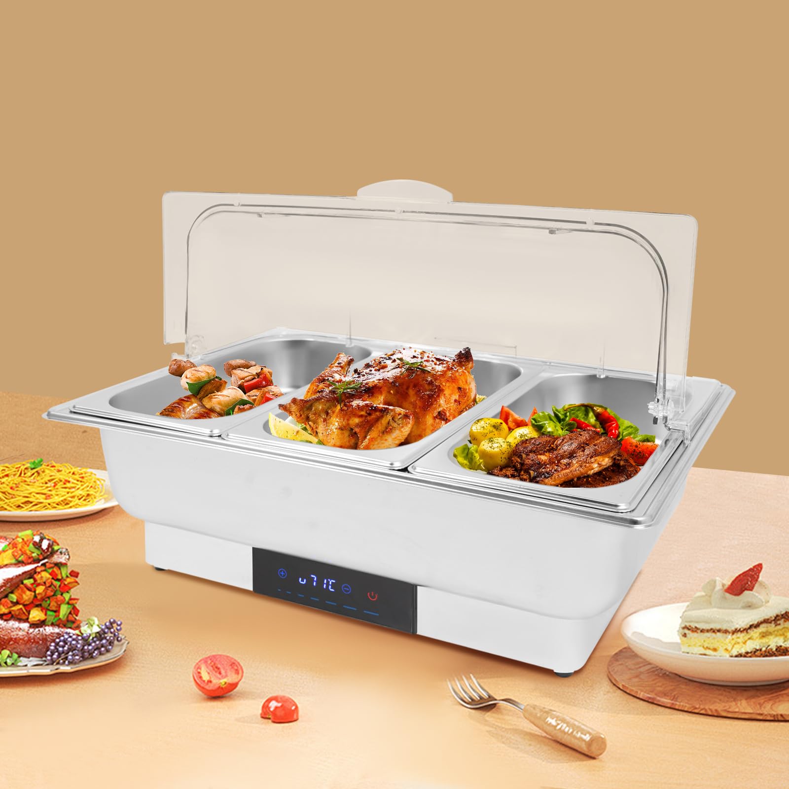 Calentador de buffet eléctrico, calentador de alimentos, plato de chafing, buffet, calentador, acero inoxidable, contenedor, 9 l, 15 l, recipiente de comida con control de temperatura para