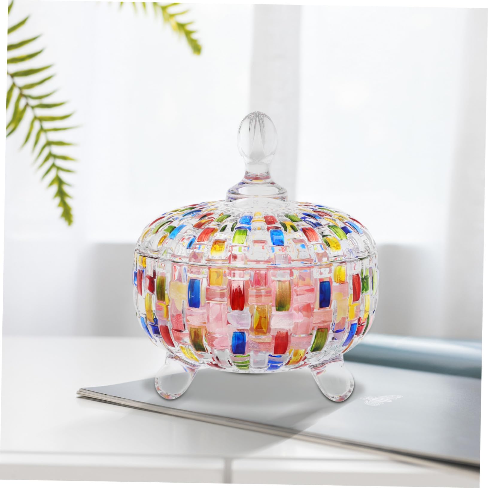 Vintage Candy Dish mit Deckel Farbiges Glas mit Kunstvollem Gewebtem Muster Transparente Süßwaren Schmuckaufbewahrung Vielseitiges Aufbewahrungsglas für Snacks und Teeblätter