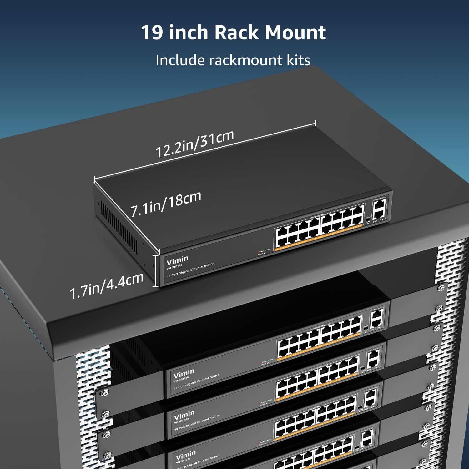 VIMIN VM-GS1620 Switch highlighting fanless, quiet, and metal case features