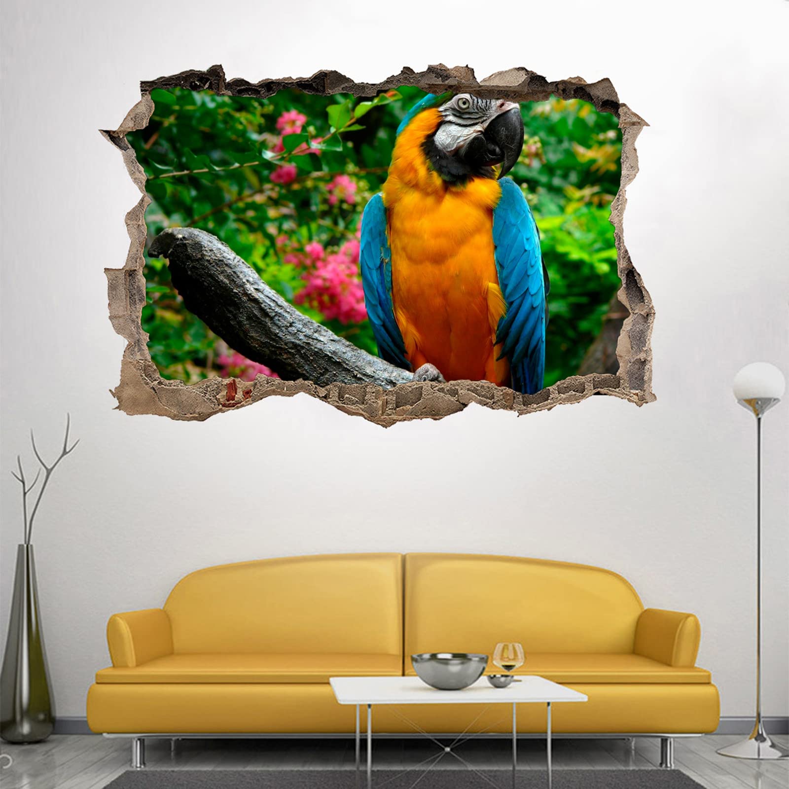 Tier Wandtattoos 3D Durchbruch Wandsticker Mauerloch Selbstklebend Wandaufkleber Papagei B 120 x H 80 cm für Kinderzimmer Schlafzimmer Wohnzimmer