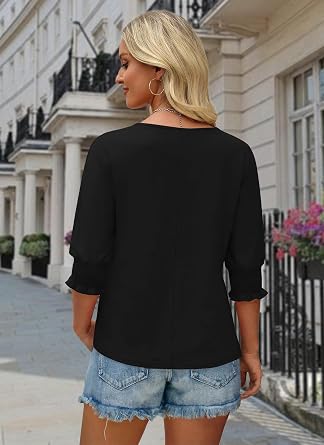 Women's Dressy Casual 3/4 Length Sleeve Summer Crewneck Loose Fit Going Out T Shirts
