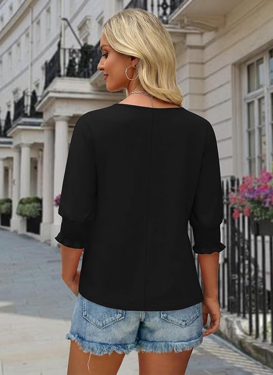 Women's Dressy Casual 3/4 Length Sleeve Summer Crewneck Loose Fit Going Out T Shirts