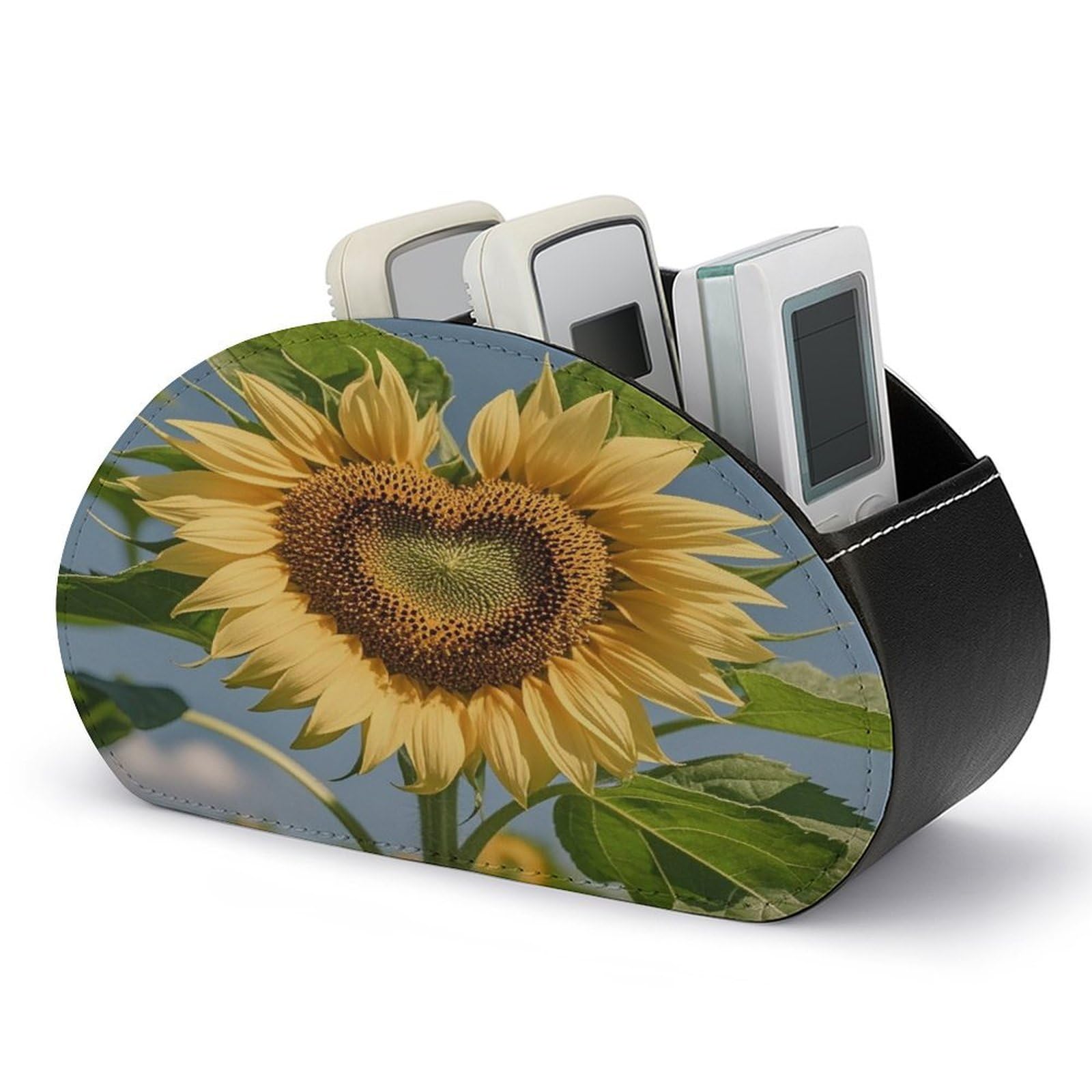 LZQPOEAS Heart Shaped Sunflower Remote Control Holder with 5 Compartments PU Leather Remote Organizer Box Caddy for Table Nightstand Remote Caddy Desktop Organizer Fits Media Controllers