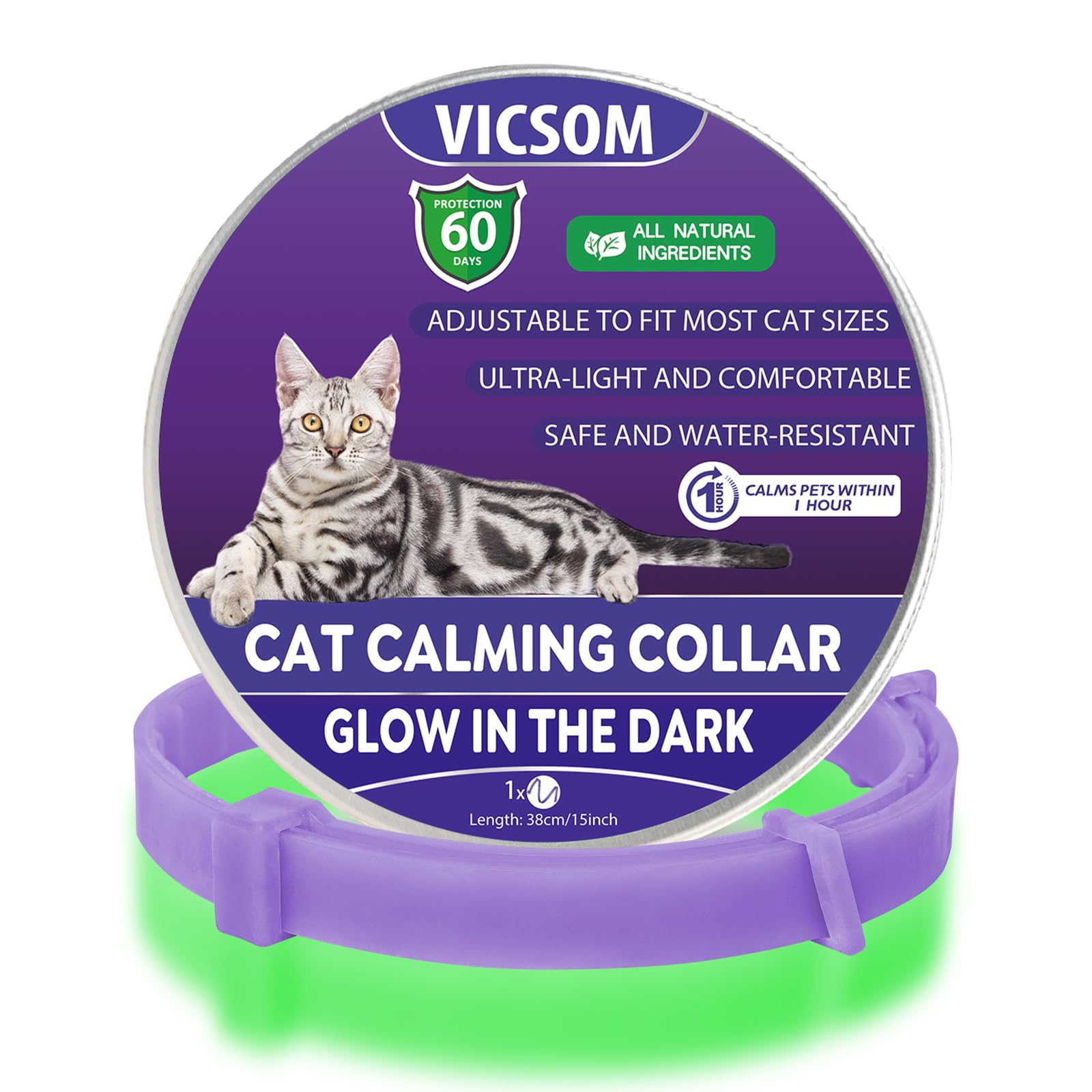 Collares Calmantes para Gatos, Luminoso Collar Calmante para Gatos, Seguro Natural para Gatos Luminoso Collares, Regulable Impermeable Feromona Calmante para Gatos diferentes 18.9In Morado 1Pack