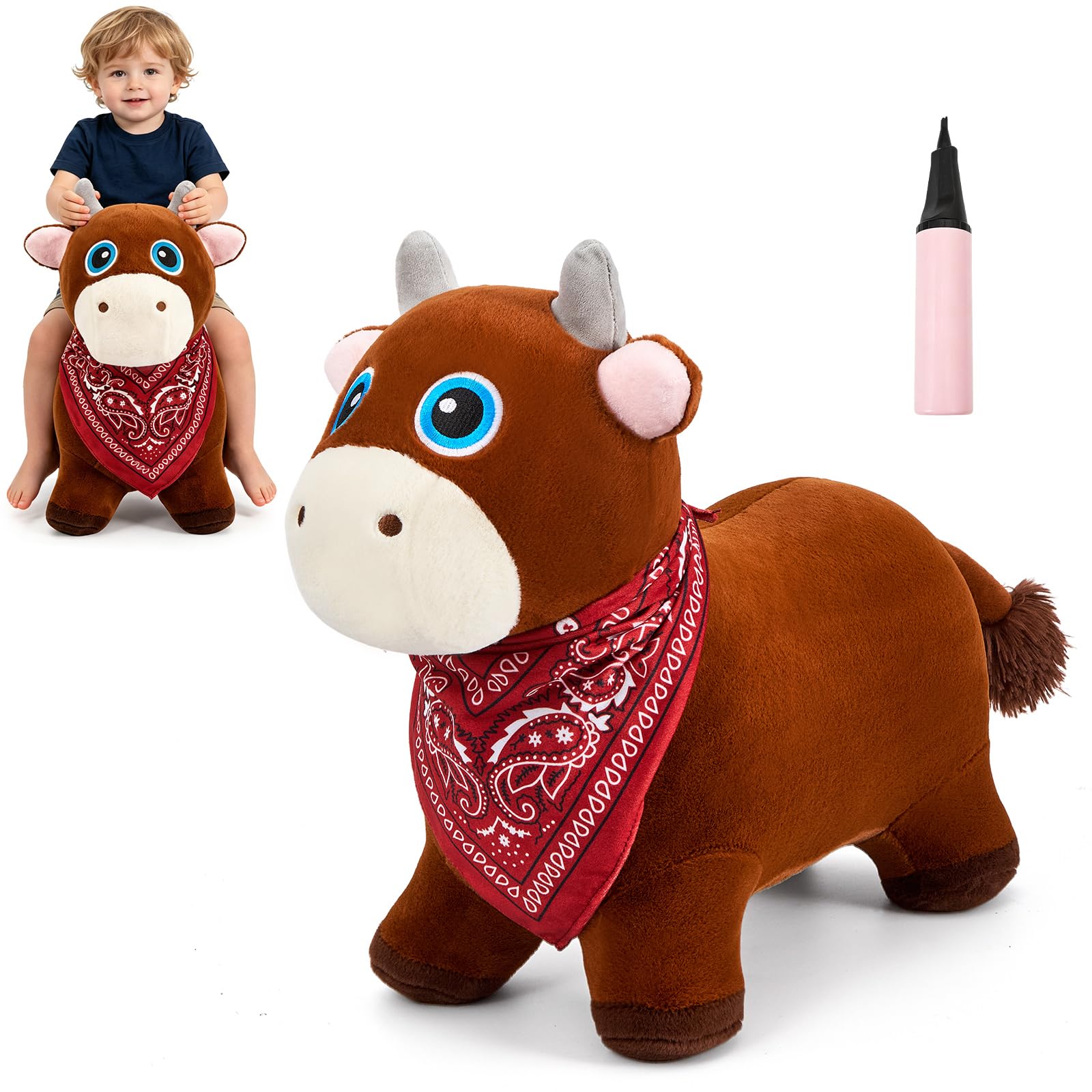 FUNLIO Bull Animal Hopper, Cowboy‑Style Bouncy Animal for Toddlers 18 Months to 5 Years, Inflatable Bounce Horse Hopper with Air Pump, Removable Cover & Washing Machine Safe, CPC & CE Certified