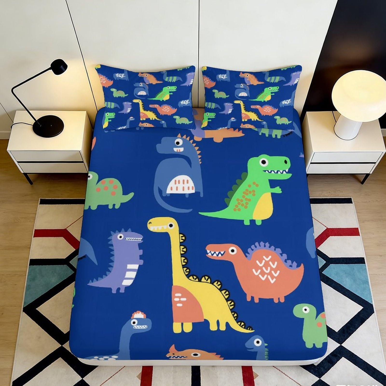 3D Printed Dinosaur Cartoon Fitted Sheet Microfiber Blue Animal Mattress Cover Non Slip Easy Care for Bedroom Guest Room 90x200x25cm