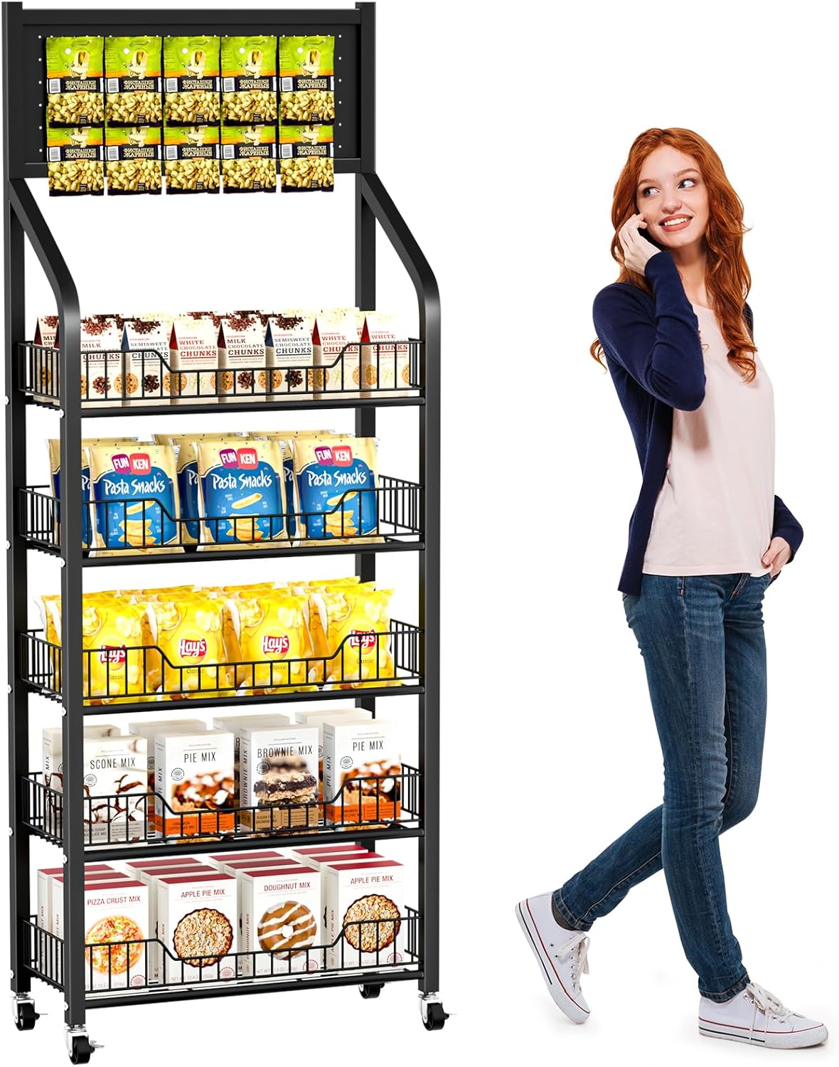 65" 5 Tier Snack Rack Display Stand with Hooks & Wheels, Metal Retail Display Shelf for Chips, Snacks, Candy, Metal Snack Shelf for Store Home Kitchen Store Organizer (60cm-black)
