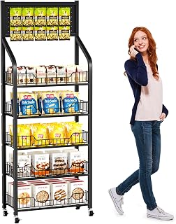 65" 5-Tier Metal Snack Display Rack with Hooks & Lockable Wheels - Black Retail Store Home Organizer for Chips Candy Fruits