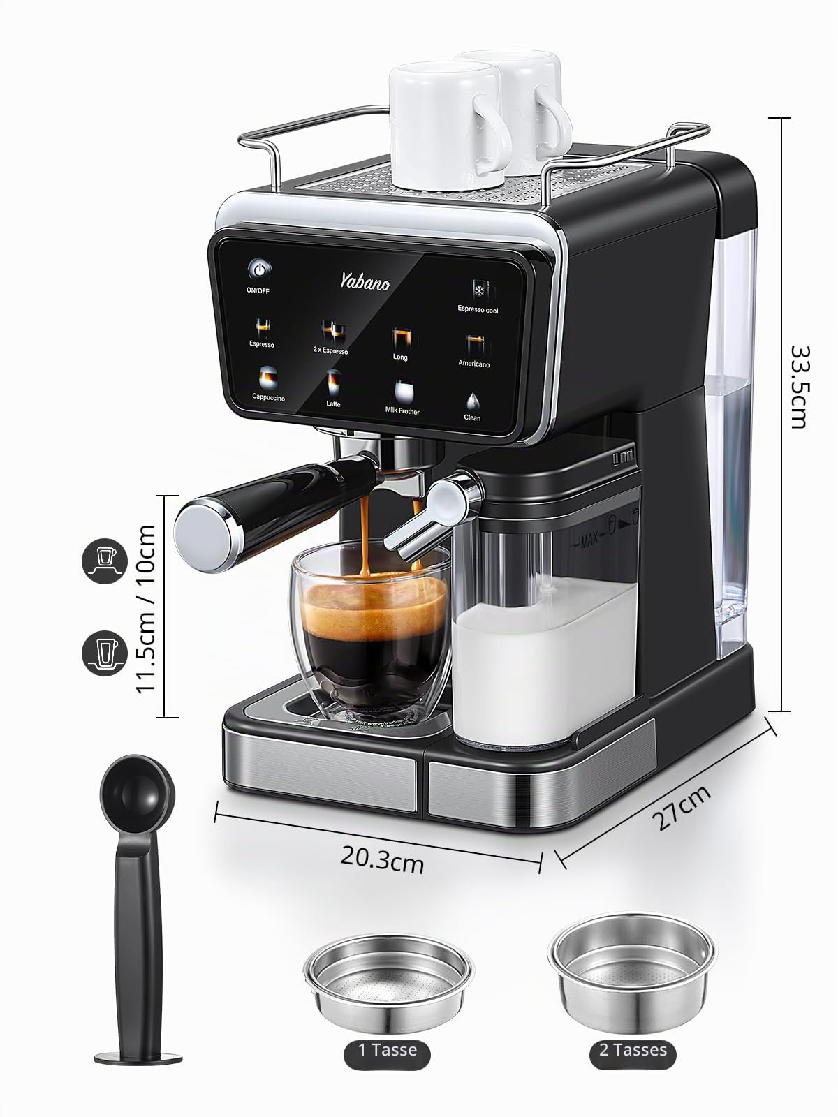 Yabano Machine à expresso, 20 bars, avec mousseur à lait automatique de 500 ml, 6 boissons, écran tactile couleur, réservoir d'eau de 1,5 l, cafetière cappuccino et latte, 1450 W