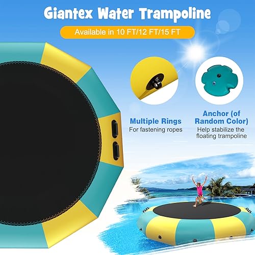 Miniatura 3 de Giantex Trampolín inflable de agua de 10 pies, 12 pies y 15 pies, trampolín flotante con soplador de 500 W y escalera de cuerda de 3 escalones,