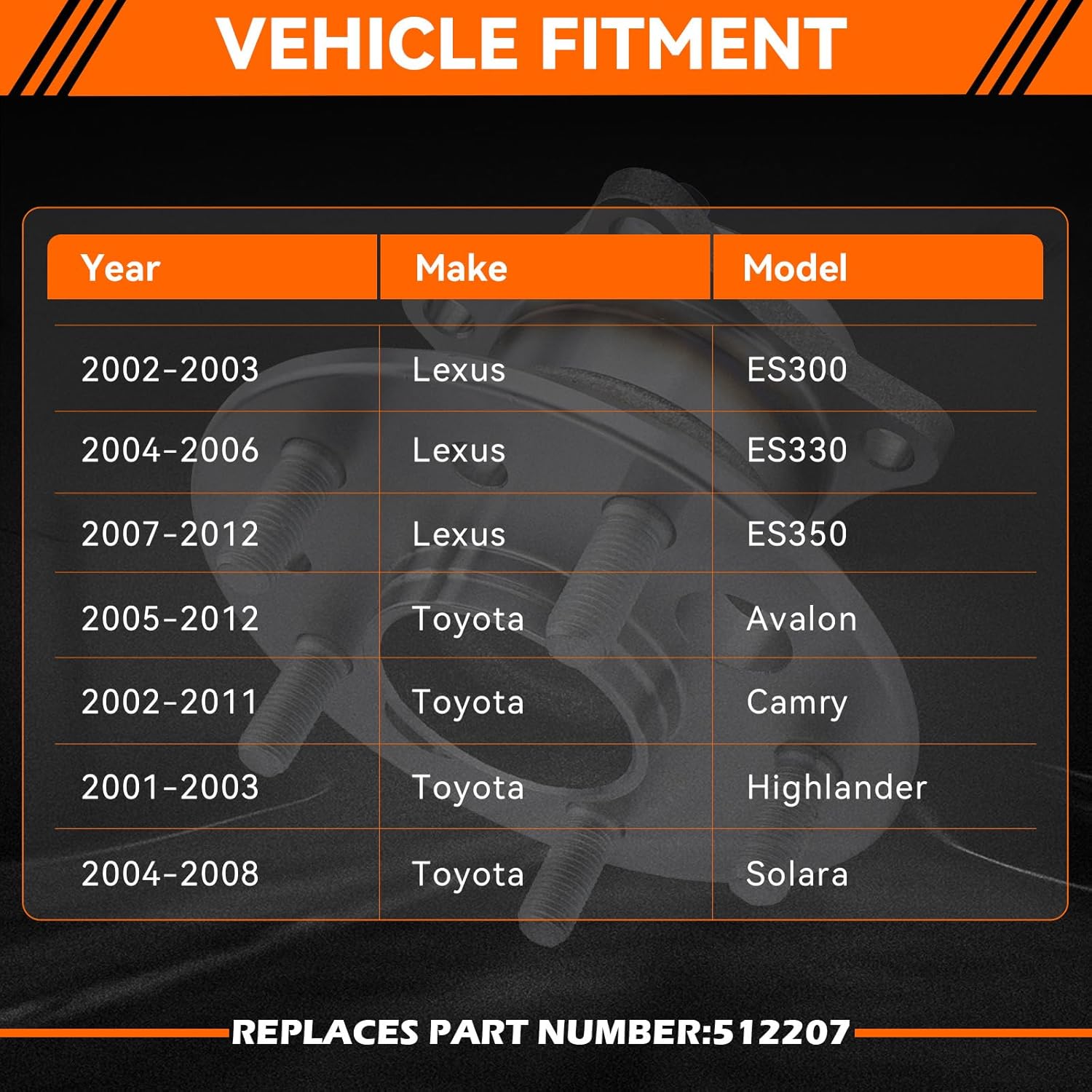 GAHA 512207 Rear Right Wheel Hub and Bearing Assembly FWD 5 Lugs w/ABS Compatible for Lexus ES300 02-03/ES330 04-06/ES350 07-12; for Toyota Avalon 05-12/Camry 02-11/Highlander 01-03/Solara 04-08