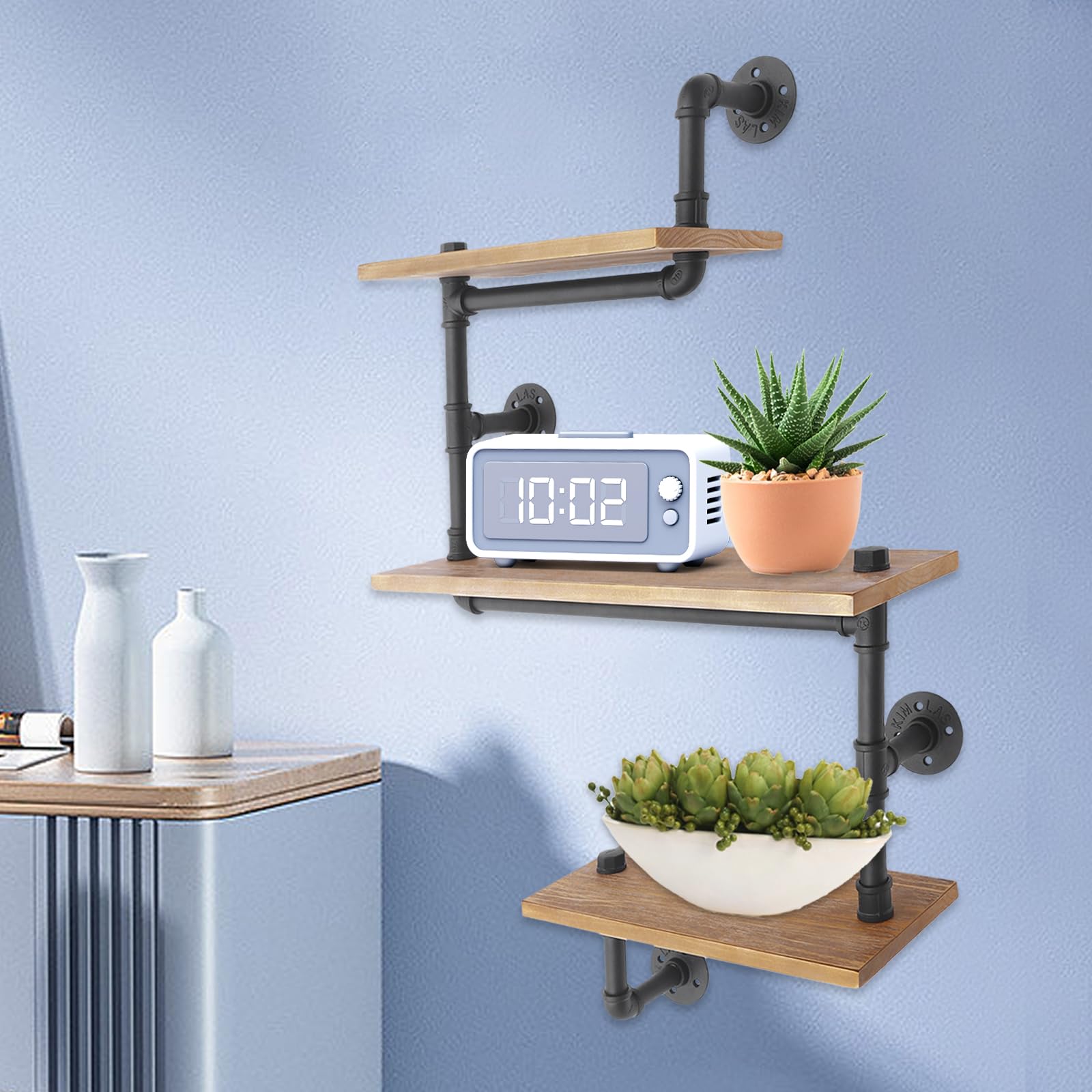Regał ścienny, drewniany, metalowy, 3-poziomowy, do montażu na ścianie, przemysłowy design, regał kuchenny, regał na książki, do salonu, kuchni, biura