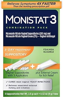 Monistat 3-Day Yeast Infection Treatment for Women, 3 Miconazole Vaginal Suppositories & External Itch Relief Cream (9g Tube) Combo Pack