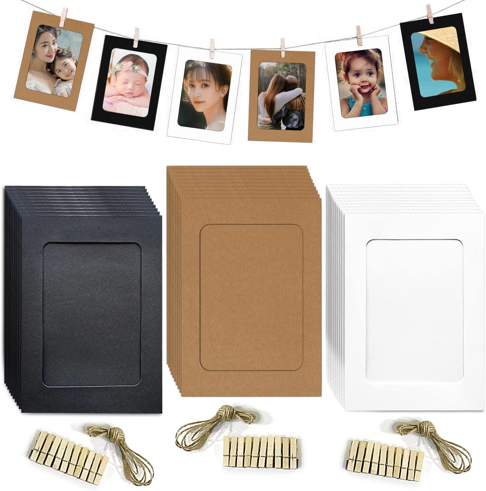 Paper Photo Frame 4x6 Picture Frames collage wall decor DIY Cardboard with 30 Wood Clips and 3 Jute Twine Home Décor Kids' Room Loxuezx Colors PCS, 10.2X15.2cm