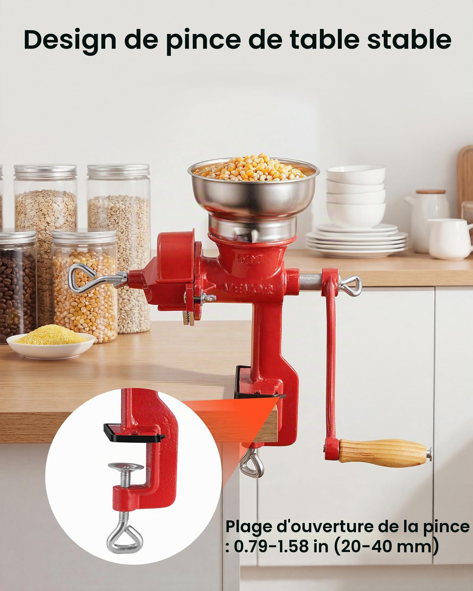 VEVOR Moulin à Grains Manuel de Table, Moulin à Céréales à Manivelle, pour Épices Grains de Café Noix Blé, Broyeur à Maïs en Fonte, Fixation Stable à Serre-joint, avec Couvercle Anti-poussières
