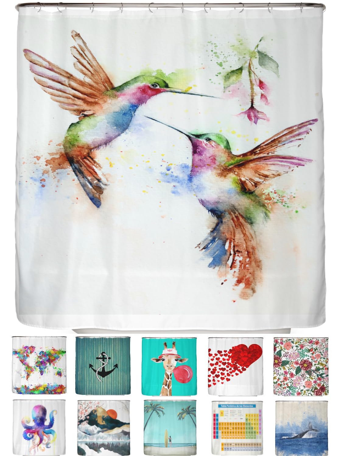 arteneur - Kolibri - Anti-Mould Shower Curtain 180 x 200 cm - Oeko-Tex Standard 100 - Weighted Hem, Opaque, Waterproof, Washable, 12 Rings