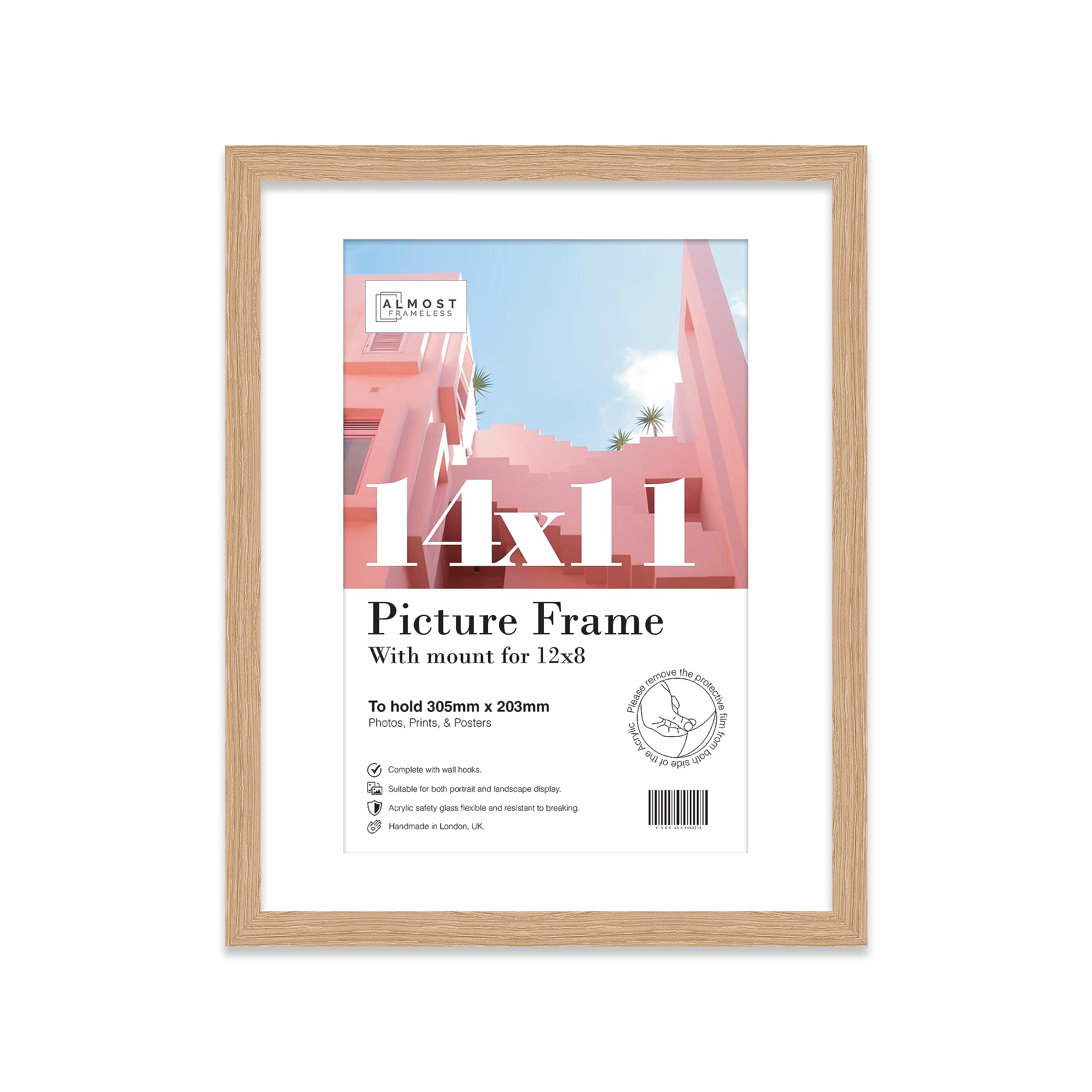 Almost Frameless 14x11 Oak Picture Frame With Mount for 12x8 Print, Poster or Photo Poster, Photo, Artwork, or Print. Thin Edge Slim Frame Portrait and Landscape Display with Wall Hooks