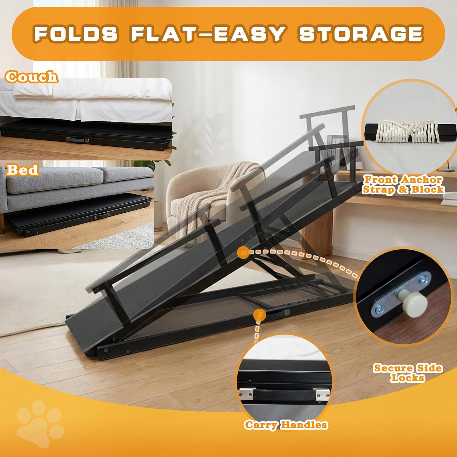 7 Adjustable Dog Ramp for Bed, Couch - 63" Foldable Birchwood Dog Ramp with Safety Rails, Non-Slip EVA Surface & DIY Glow in The Dark Strips, Wooden Pet Ramp for Large Dogs Supports 250Lbs