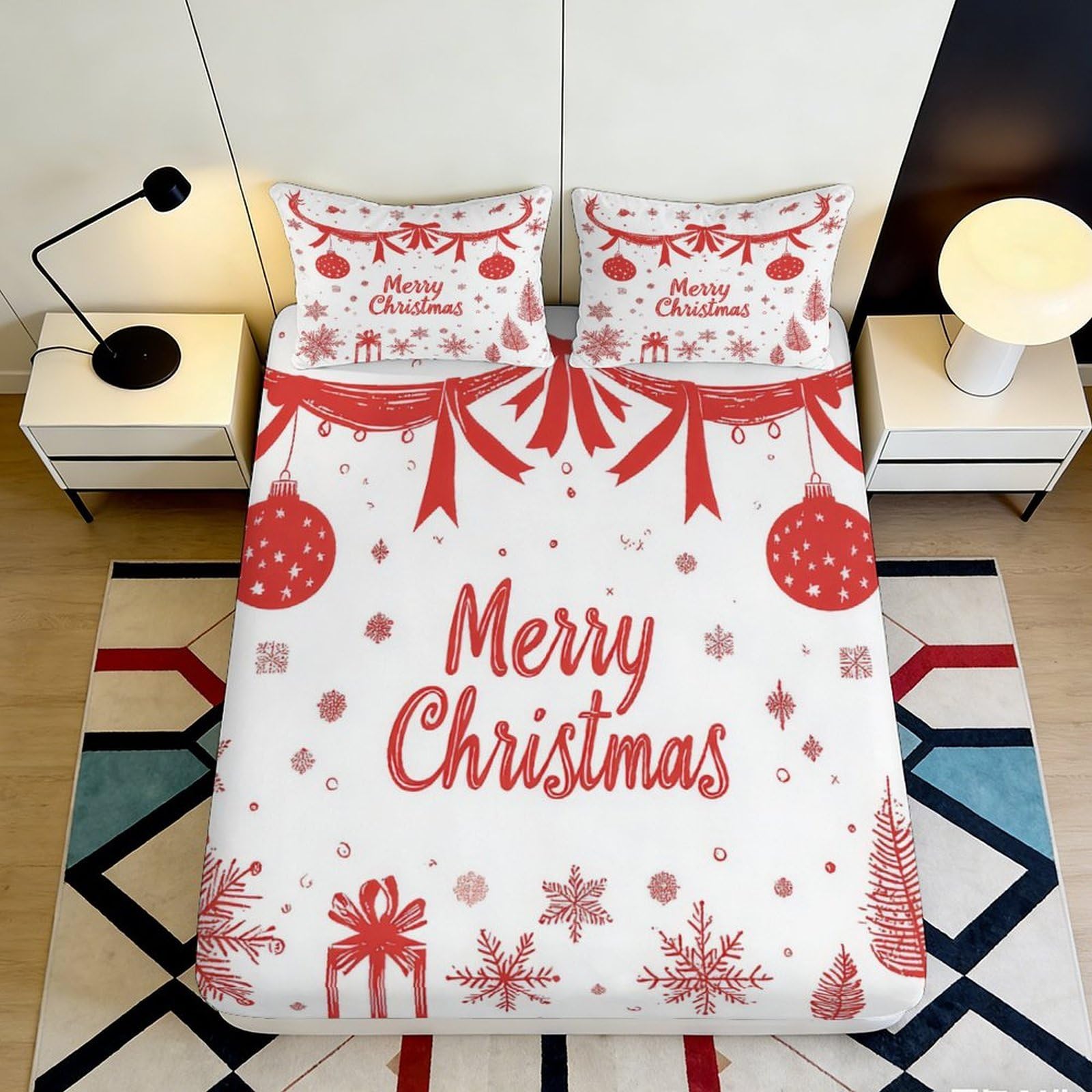 3D Printed Christmas Ornament Fitted Sheet Microfiber Red White Merry Christmas Bed Cover for Bedroom Guest Room 90x200x25cm