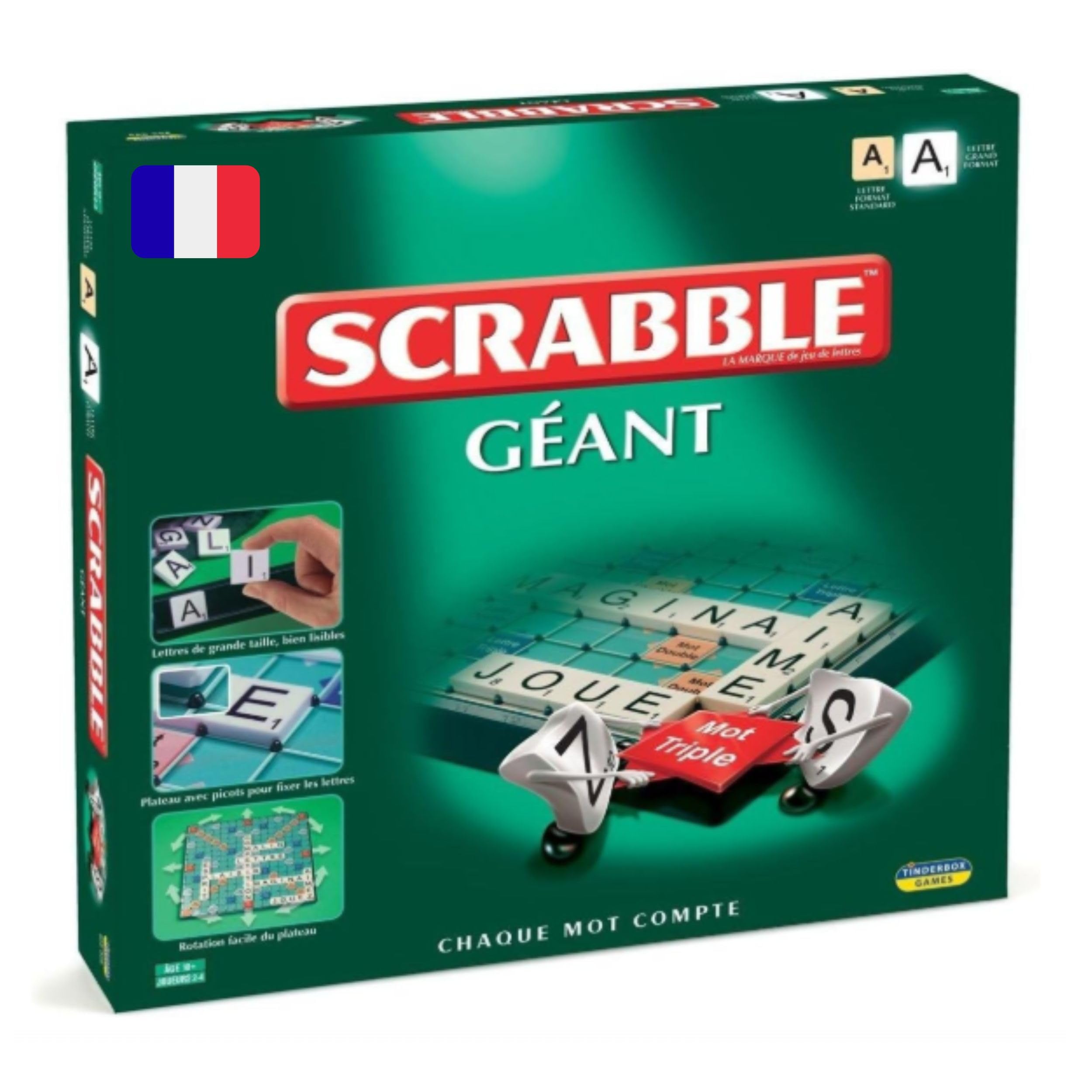 Megableu - SCRABBLE GÉANT - Jeu de Société Classique pour Adultes & Enfants dès 10 Ans - Version Française - Jeu avec Plateau Rotatif & Cales pour Lettres XXL - Chaque Mot Compte - 2 à 4 Joueurs