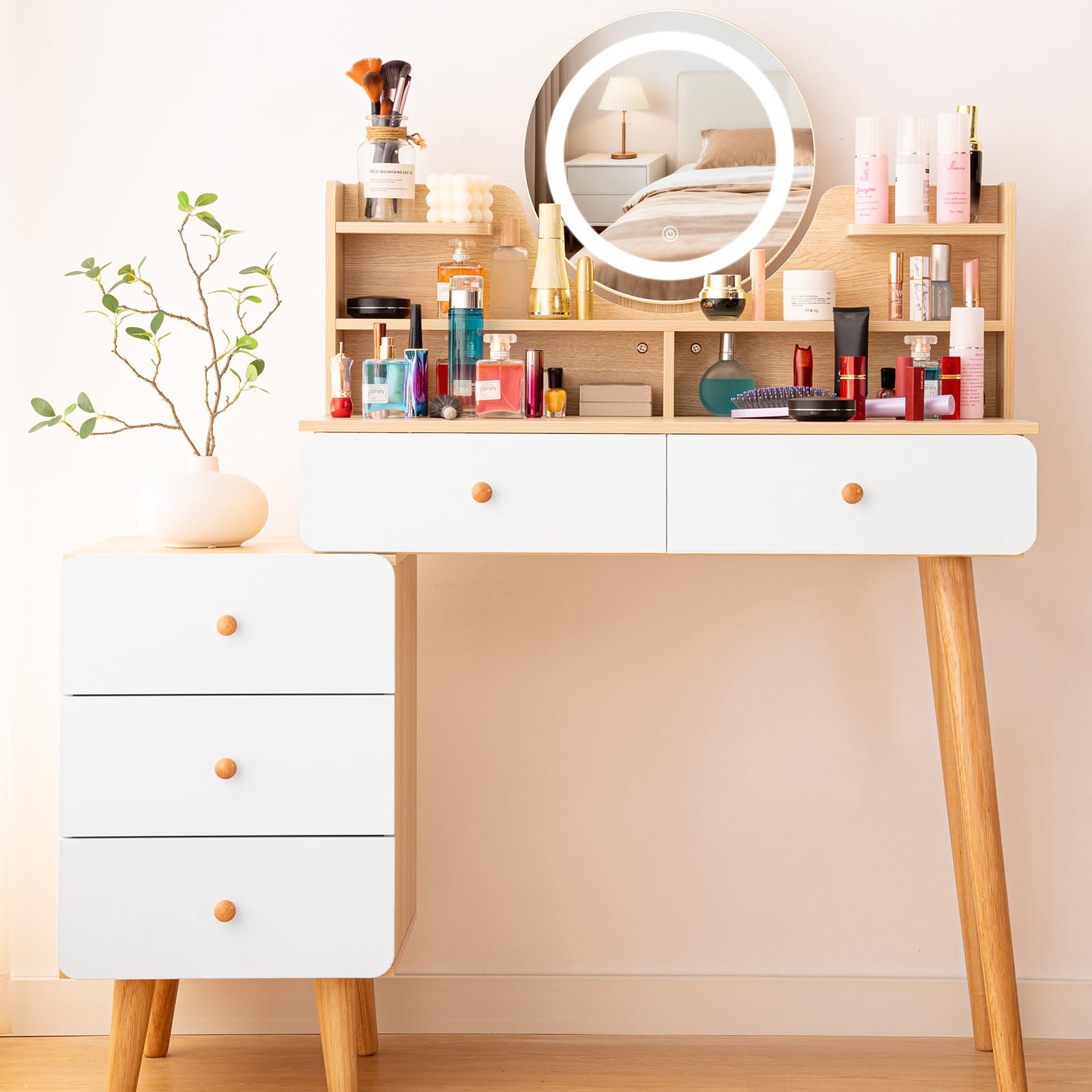 Tocador con Espejo LED, Mesa de Maquillaje con 5 cajones y 6 estantes de Almacenamiento, 40 x 80 x 134 cm, Escritorio tocador con Almacenamiento Extensible, Estilo Moderno de Madera, Blanco