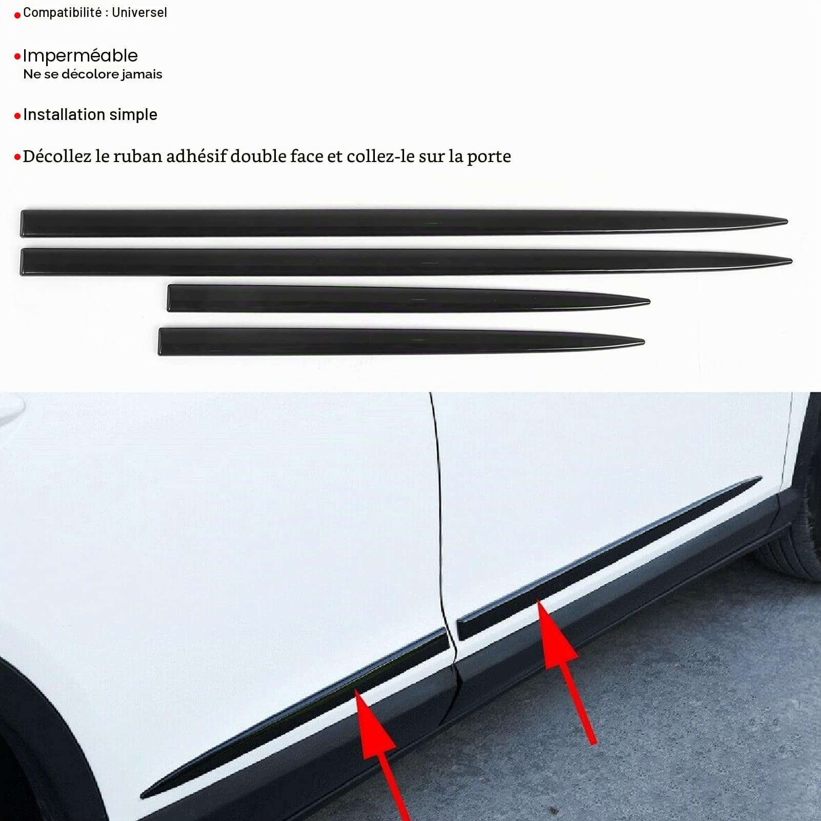 Revêtement latéral de carrosserie, Qiilu 4 pièces Revêtement latéral de carrosserie étanche Noir Clair Protection de Porte Universelle Garniture de moulure Automobile