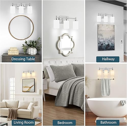 Miniatura 7 de 3-Light Brushed Nickel Bathroom Light Fixtures Over Mirror, Rustproof Brushed Nickel Vanity Light, Modern Bathroom Vanity Lights with Milky White