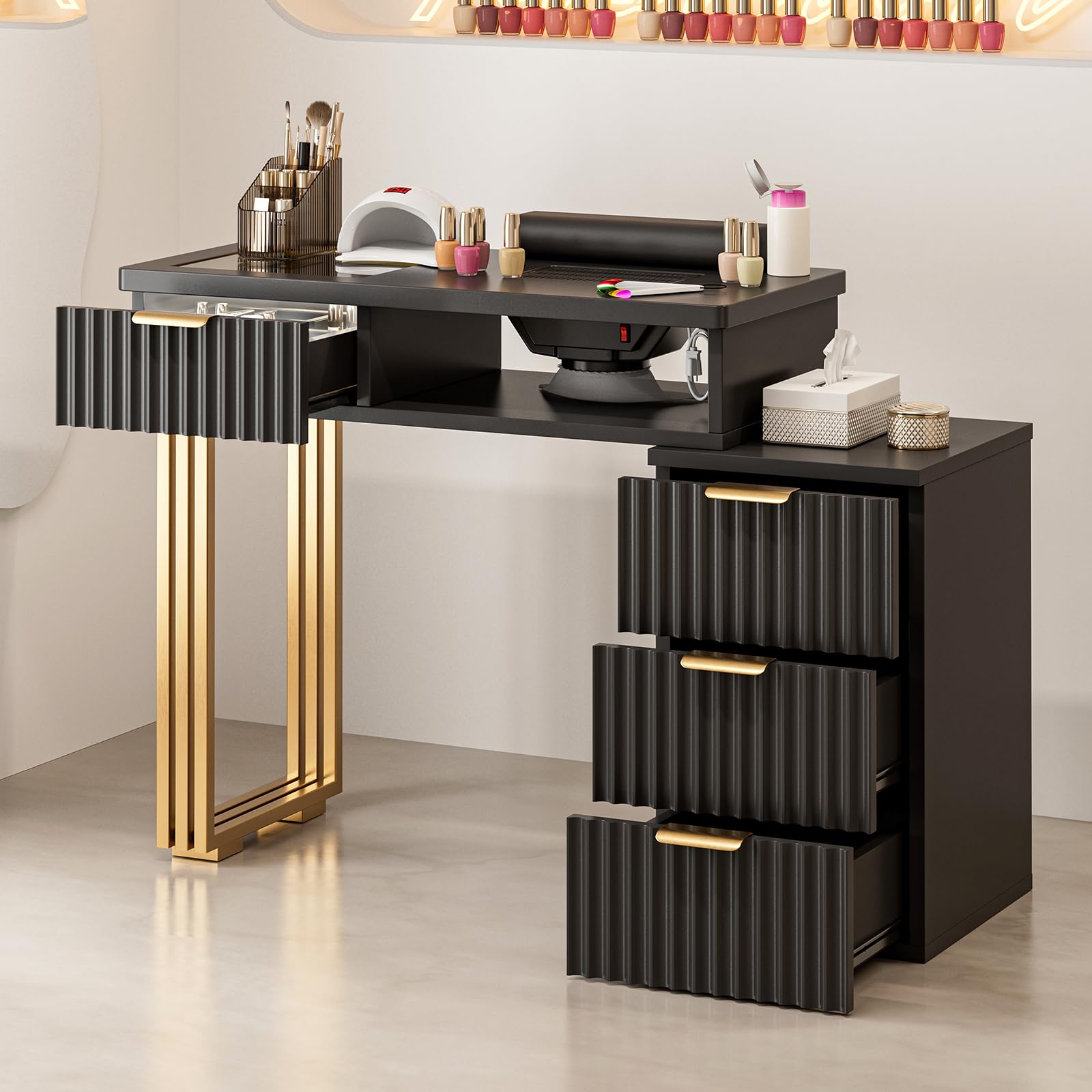 Manicure Table for Nail Tech, Nail Desk Station with Dust Collector, Acetone Resistant Beauty Salon Workstation w/4 Drawers, LED Light