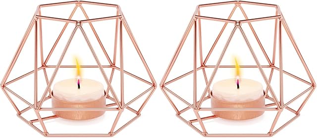 MoYouno 2Pcs Tea Light Candle Holders Set Home Decor, Metal Hollow Iron Decorative Candle Lanterns Holder, Ornament for Living Room, Wedding, Party, Events (Rose Gold)