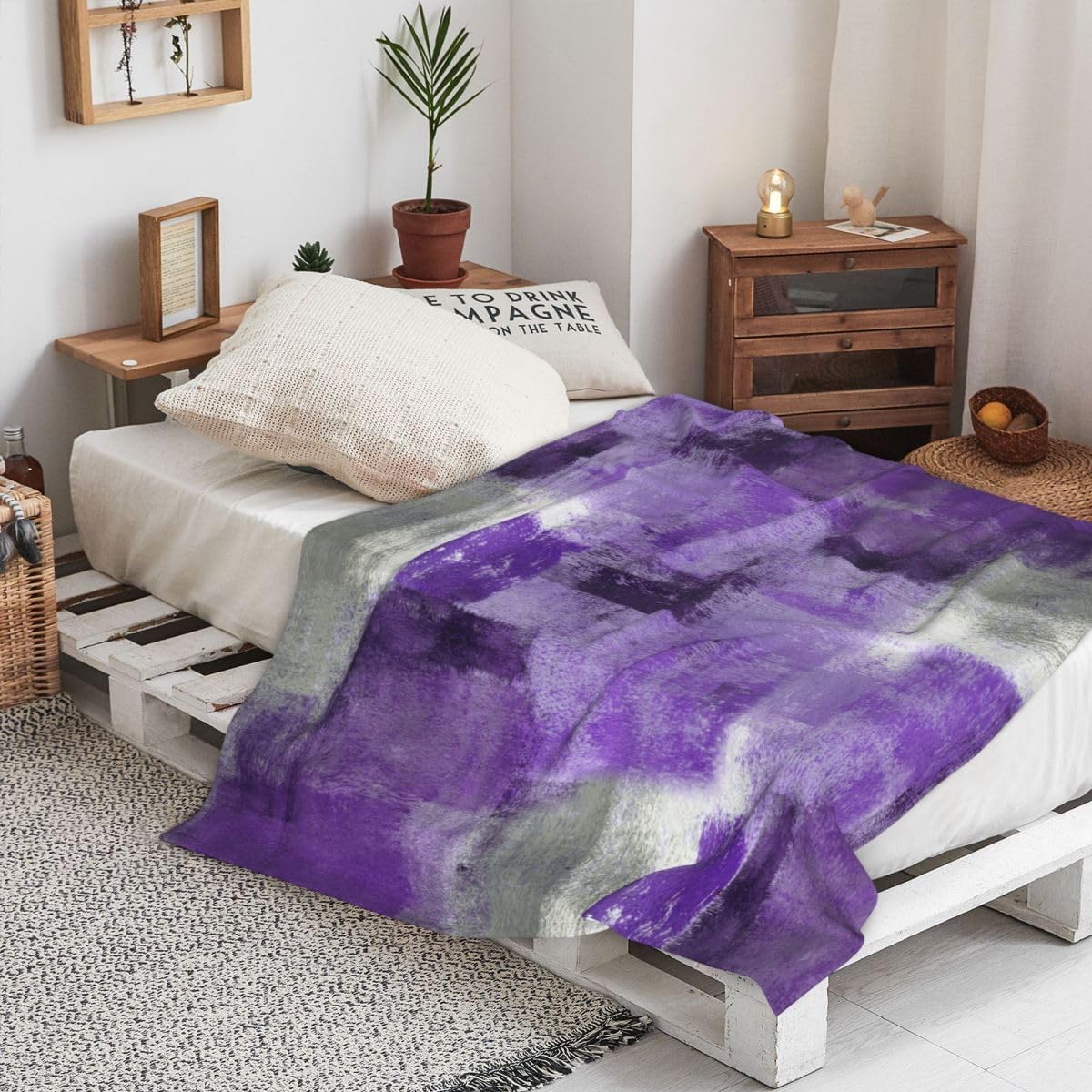 LOKMU Throw Blanket, Purple and Grey White Abstract Art Ultra-Soft Cozy Flannel Blankets, Fuzzy Plush Lightweight Modern Blanket for Couch Sofa Bedding Home Decor, 60" L x 50" W