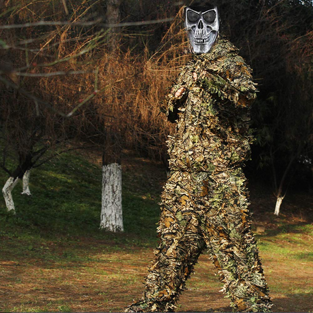 Zicac Telo Mimetico, Ghillie Suit,Tuta Mimetica con Foglie in Poliestere 3D,Abbigliamento da Caccia Invisibile nella Foresta per la Caccia Fotografica