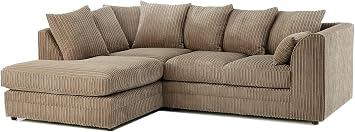 SofaSelection Spacious Jumbo Cord Left Hand Corner Sofa, Soft Cord Fabric L-Shaped Couch with Deep-Filled Scatter Back Cushions, 4-5 Seater Family Living Room Suite Beige