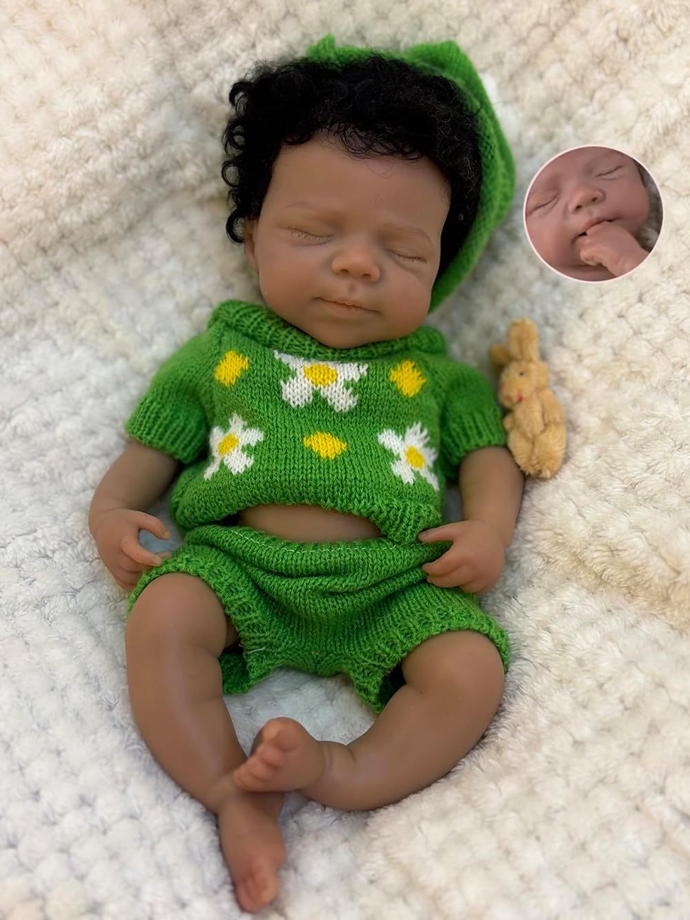 Abenduot 13inch Dark Skin Full Body Silicone Baby Doll with Handrooted Hair