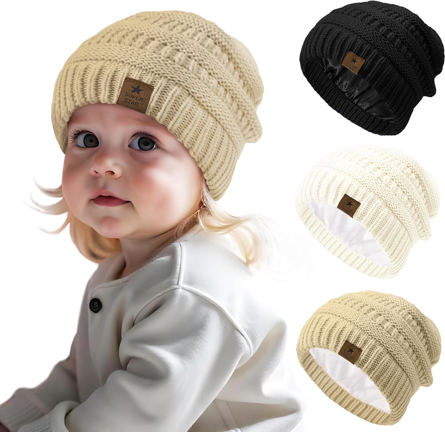 Durio 3 Pcs Satin Lined Beanie for Baby Girl Winter Hat Knit Warm Toddler Beanies for Babies Infant Boys Winter Hats for Kids
