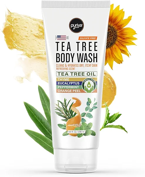Puriya Tea Tree Body Wash, Use with Jock Itch, Athletes Foot, Body Back Acne Treatment, Moisturizing Natural Wash for Men, Women, Dry Skin, Eucalyptus, Mint Oil Shower Gel Soap