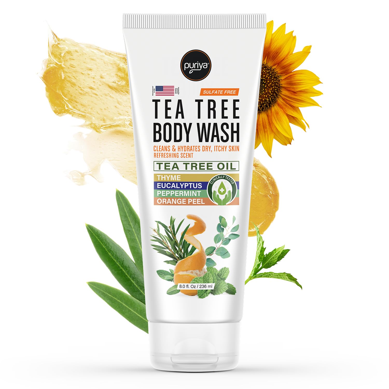 Puriya Tea Tree Body Wash, Use with Jock Itch, Athletes Foot, Body Back Acne Treatment, Moisturizing Natural Wash for Men, Women, Dry Skin, Eucalyptus