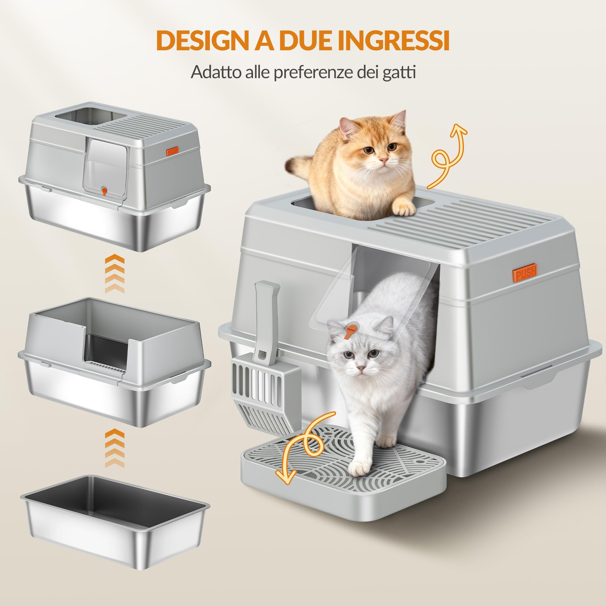 Lettiera Acciaio Inox Chiusa con Coperchio, Lettiera Acciaio Inox XXL Gatto, con Pedana e Paletta, Facile da Pulire, Doppio Ingresso, Rimovibile, 60 x 40 x 38 cm, Grigio Chiaro, FPLB204SG1