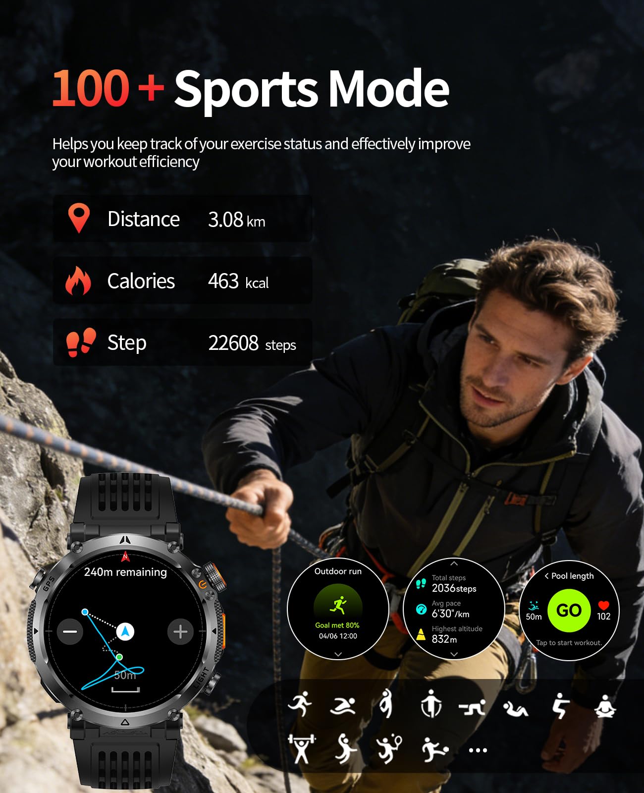 Orologio sportivo GPS da uomo, con schermo HD da 1,7 pollici, torcia a LED, durata della batteria 850 mAh, modalità multi-sport, cardiofrequenzimetro, Bluetooth, chiamate, smartwatch militare per