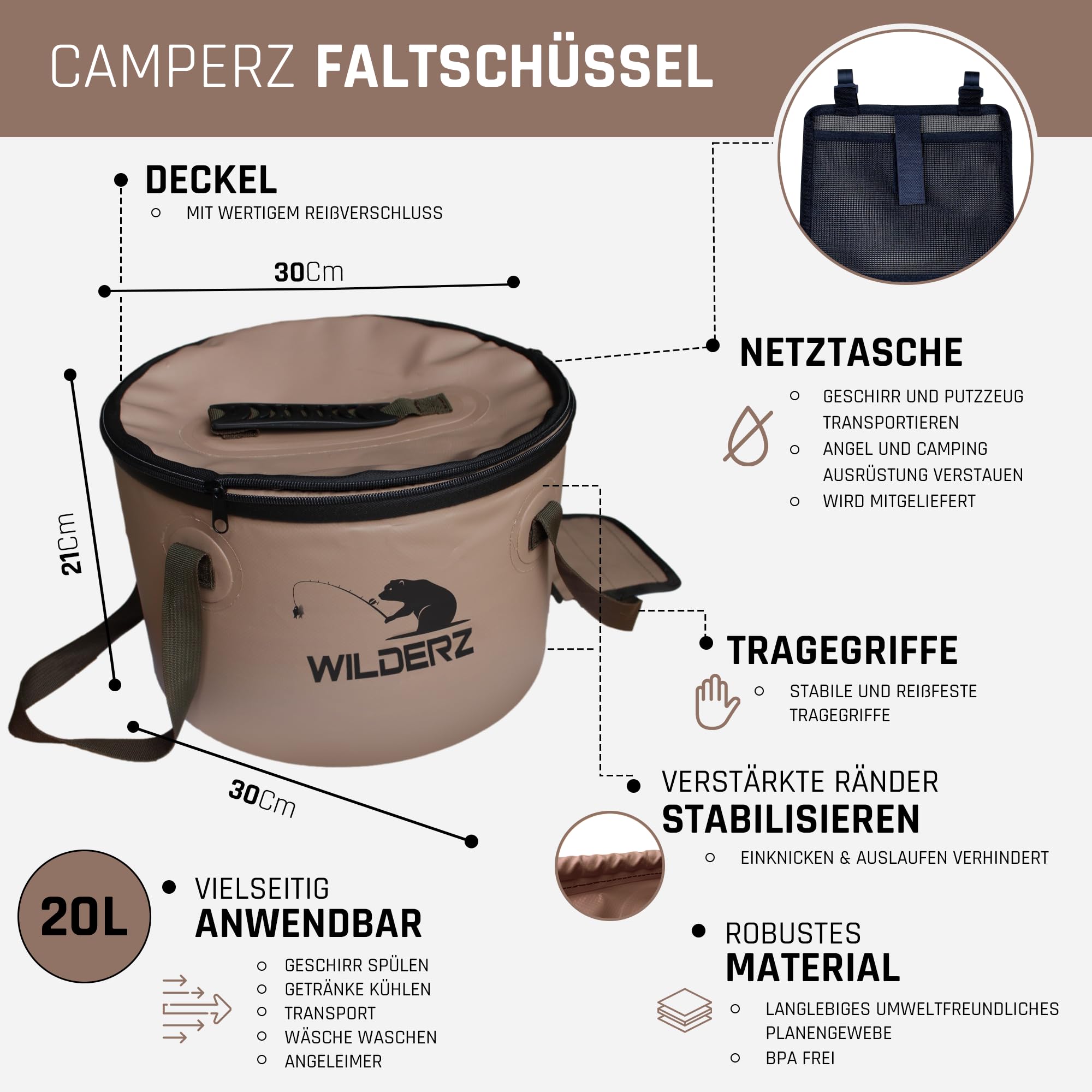 CAMPERZ Foldable Bucket, Folding Bowl for Fishing Gardening, Folding Bucket, Water Bucket, Fishing Bucket with Lid and Zip (Brown) - Image 3