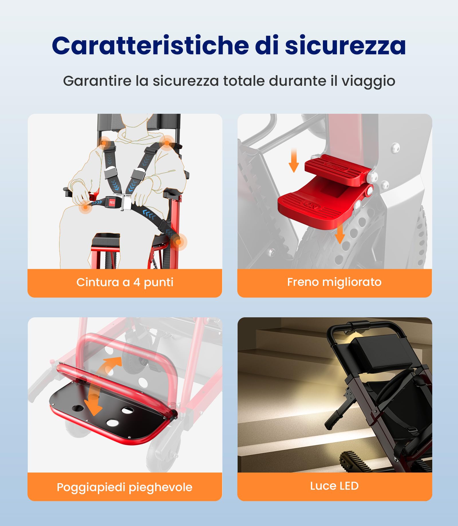 VOCIC AY04 - Scaletta elettrica pieghevole con catena in gomma, per sedie a rotelle fino a 220 kg, sollevamento scale mediche con luce LED per disabili (rosso)