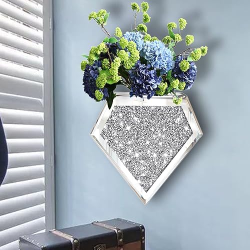 Miniatura 6 de Florero colgante de diamante triturado y contenedor con espejo de decoración geométrica, juego de 2 jarrones decorativos en forma de diamante de