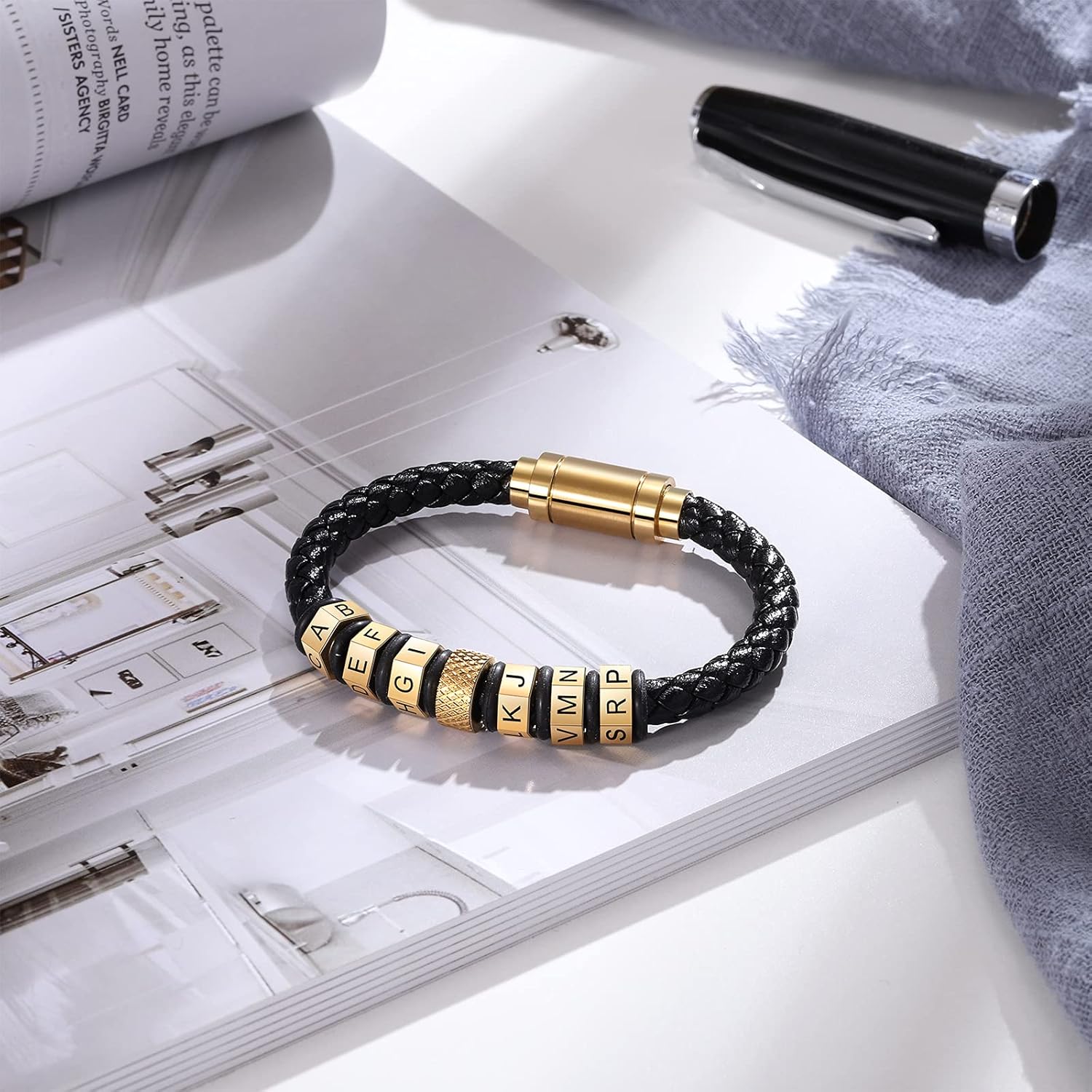 Personalized Bracelet for Men Black Leather Braided Wrist Bracelet Custom Names Engraved Bracelet with Beads for Father Friends Son Birthday Gift Christmas Gift Father Day Gift Graduation Gift