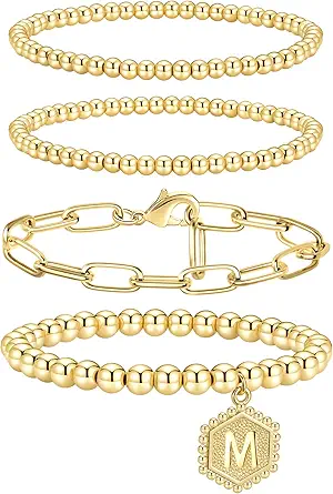 Gold Beaded Bracelets for Women, Stackable Gold Bracelets for Women Men 14K Real Gold Plated Stretch Bead Ball Bracelet with Letter Pendant