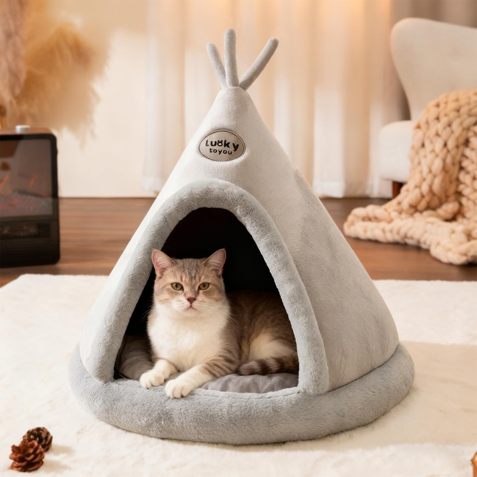 PETCUTE Cuccia per Gatti Semi-Chiusa,Super Morbido,Letto per Gatti con Giocattolo Sospeso e Cuscino Rimovibile Lavabile,Cuccia Gatto Chiusa Interno con Fondo Antiscivolo,XL