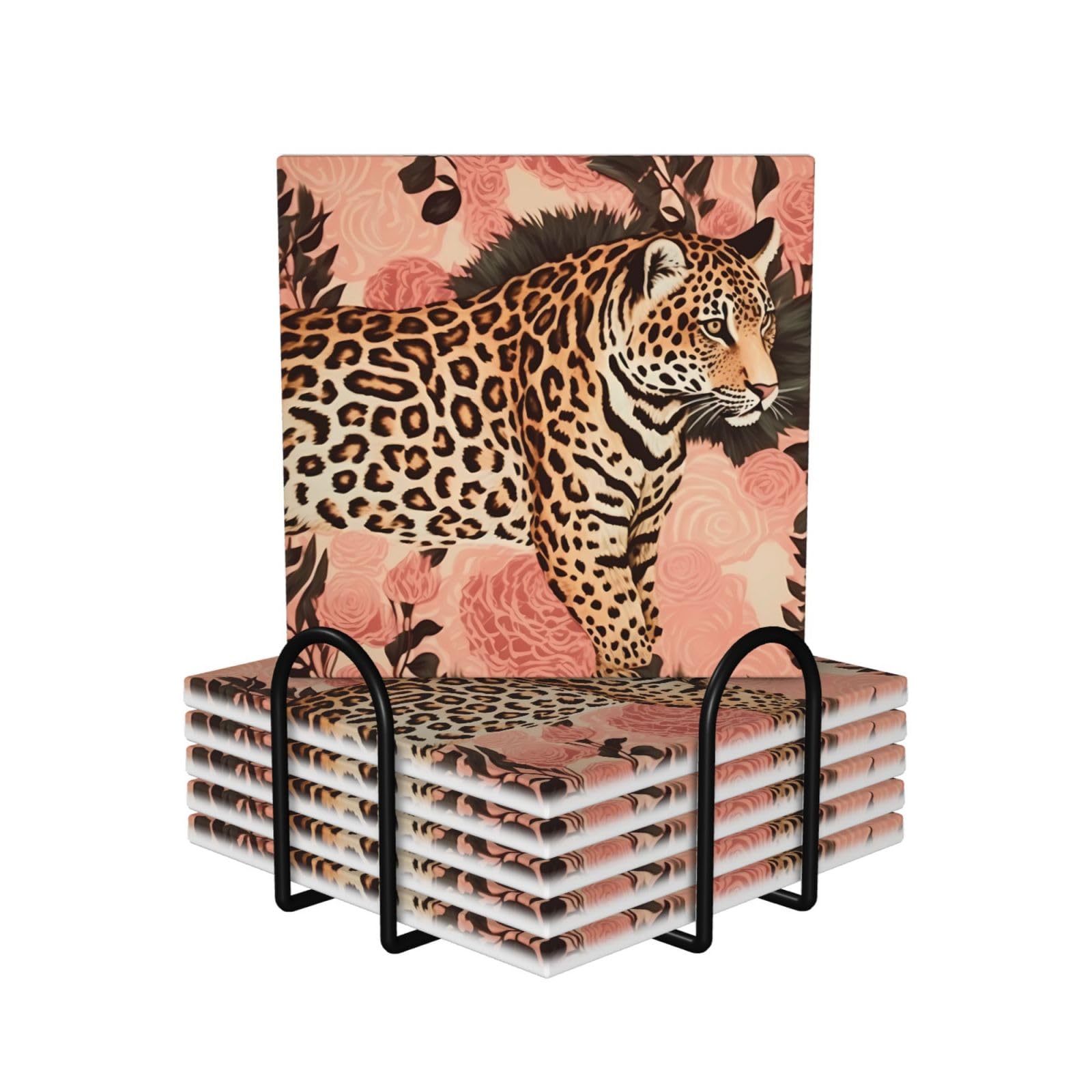 6Pcs Ceramics Coaster for Drinks, Striped Leopard Cup Coasters with Holder, Aesthetic Drink Coasters for Coffee Table, Absorbent Round Coaster for Tabletop Protection 4" Cup Mat Pad