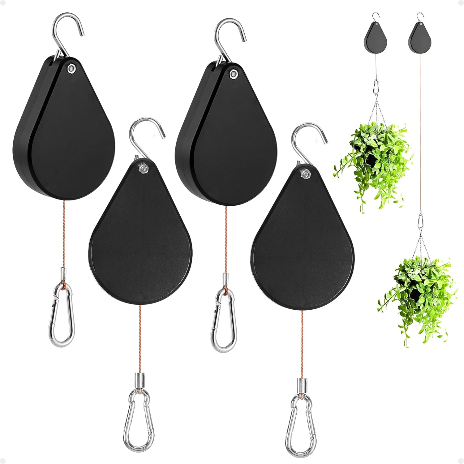 Retractable Plant Hanger - Upgrade Plant Pulleys for Hanging Plants, Easy to Raise and Lower, Suitable for Garden Flower Pots, Hanging Planter, Bird Feeder（Black, 4 PCS）
