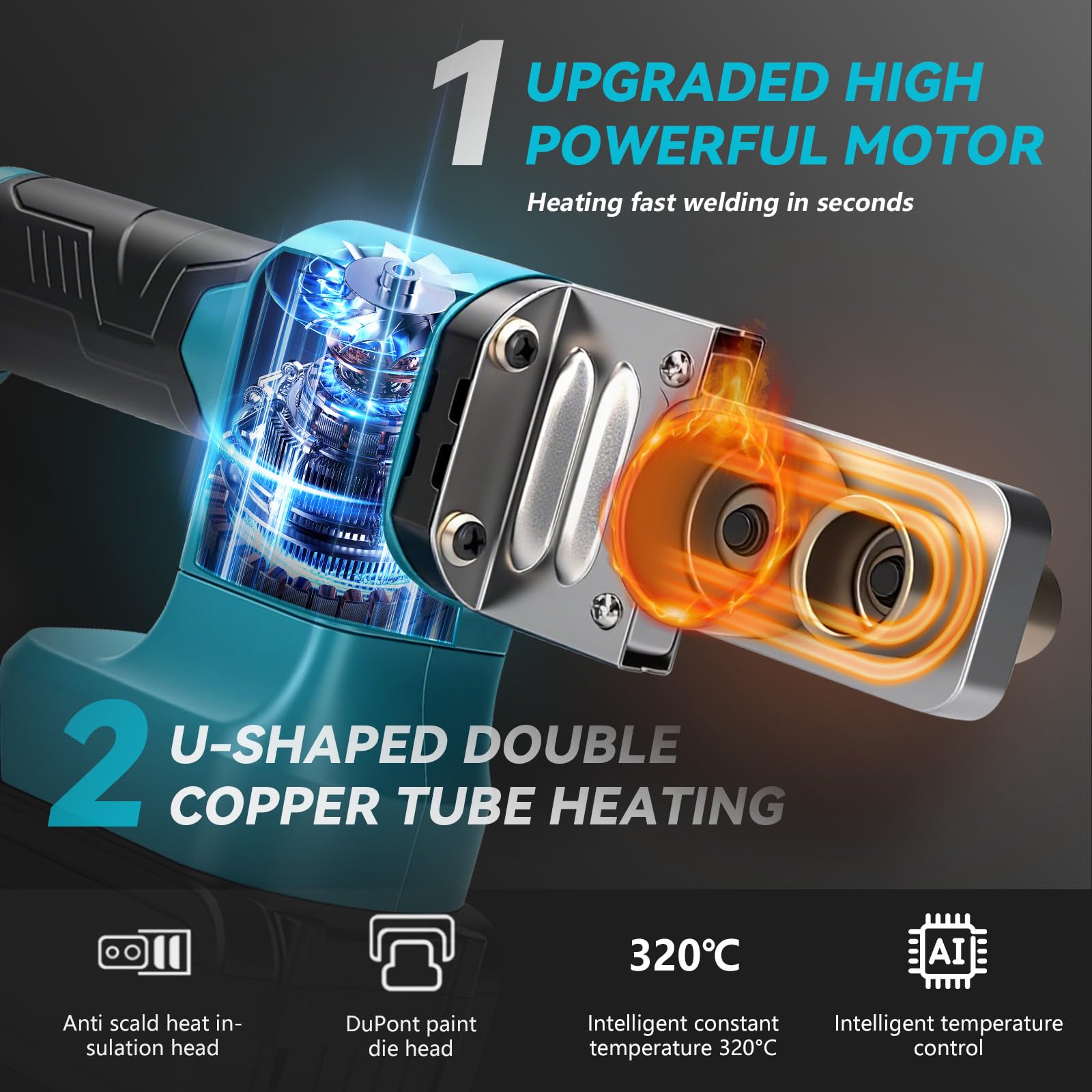 Soldador de tubos de plástico inalámbrico compatible con batería Makita de 18 V (sin batería), máx. 320 °C, máquina de soldadura eléctrica de plástico con pantalla digital y 5 cabezales de troquel