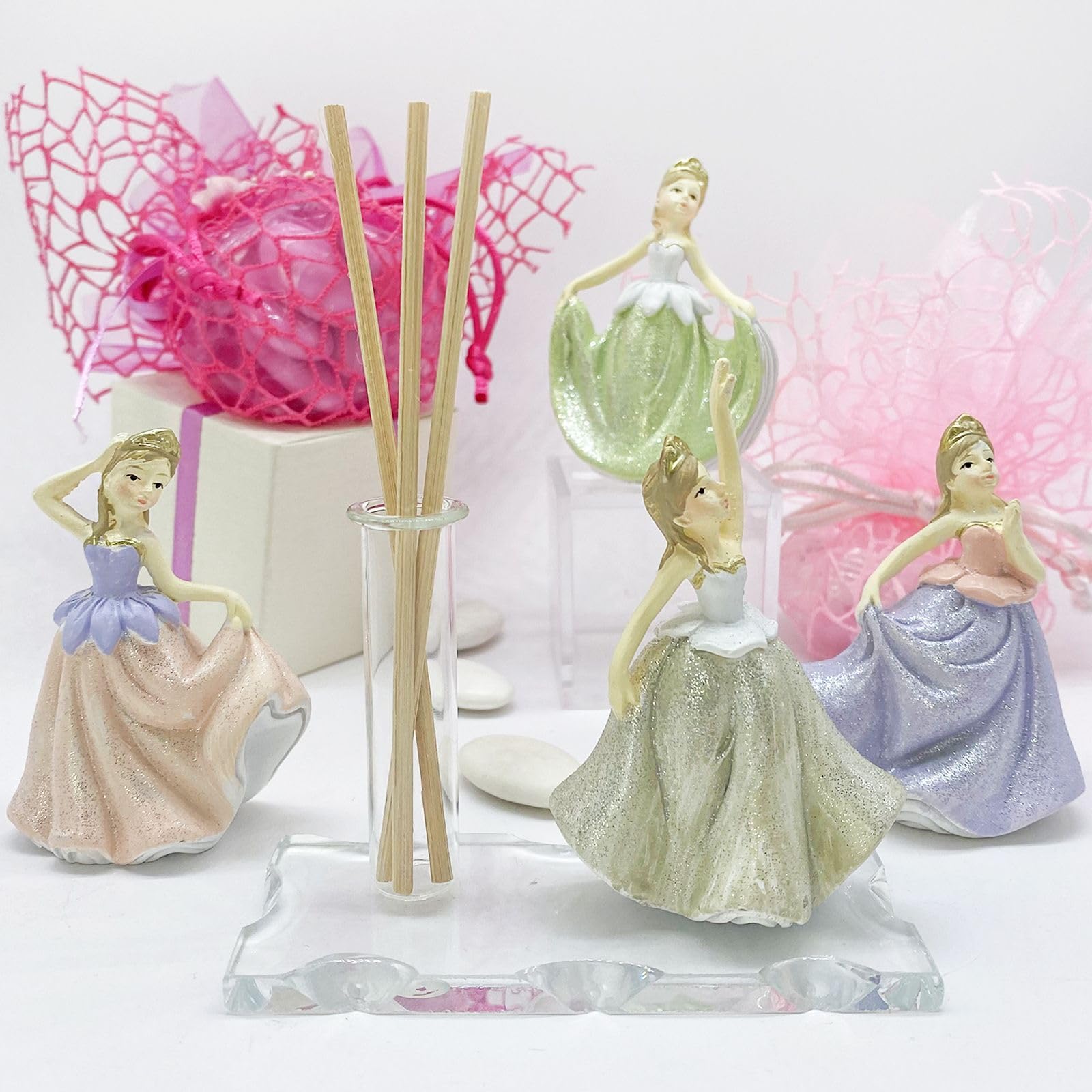 Doni Bomboniere Base in Vetro con fiala. Bomboniera profumatore Ambienti con Bacchette con statuina Principesse in 4 Varianti. Nascita, Battesimo, Primo Compleanno Bimba (10 Pezzi - Senza Incisione)