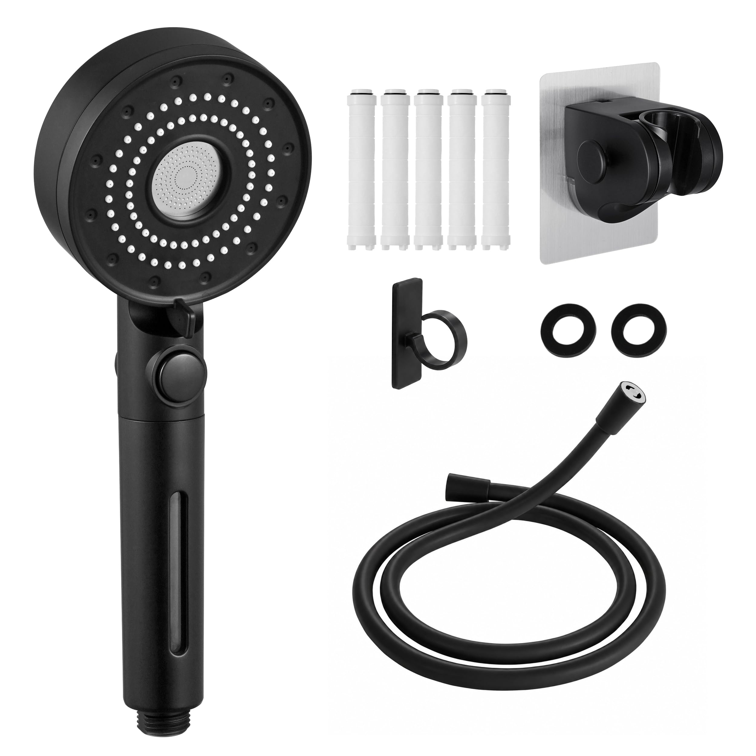 Soffione doccia con filtro portatile per camper, con tubo flessibile, interruttore on/off, nero, 5 modalità di spruzzo, per camper, camper, bagno, senza foratura, supporto adesivo per doccia